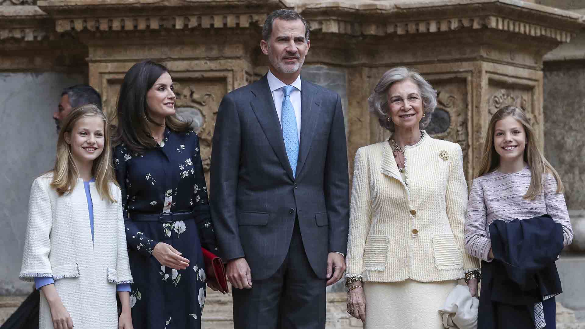 Spanish King Felipe VI and Queen Letizia with daughters Princess Leonor and  Princess Sofia next to Queen Sofia during Easter Sunday Mass in Palma, on Sunday 21 April 2019.
