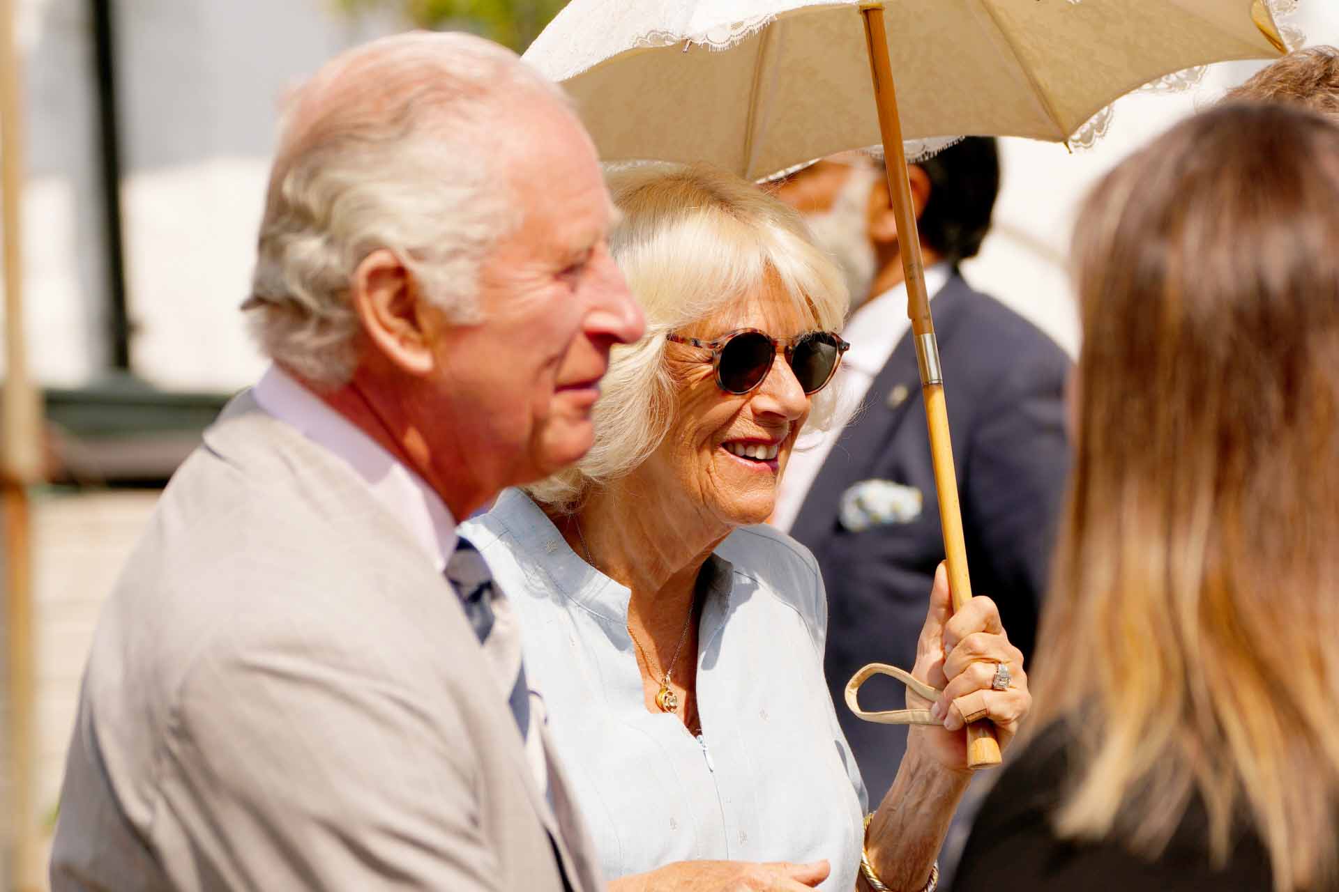Prince Charles of Wales and Camilla , Duchess of Cornwall during a visit to the  village of Mousehole in Penzance, Cornwall on the first day of their annual visit to the South West. Picture date: Monday July 18, 2022.
